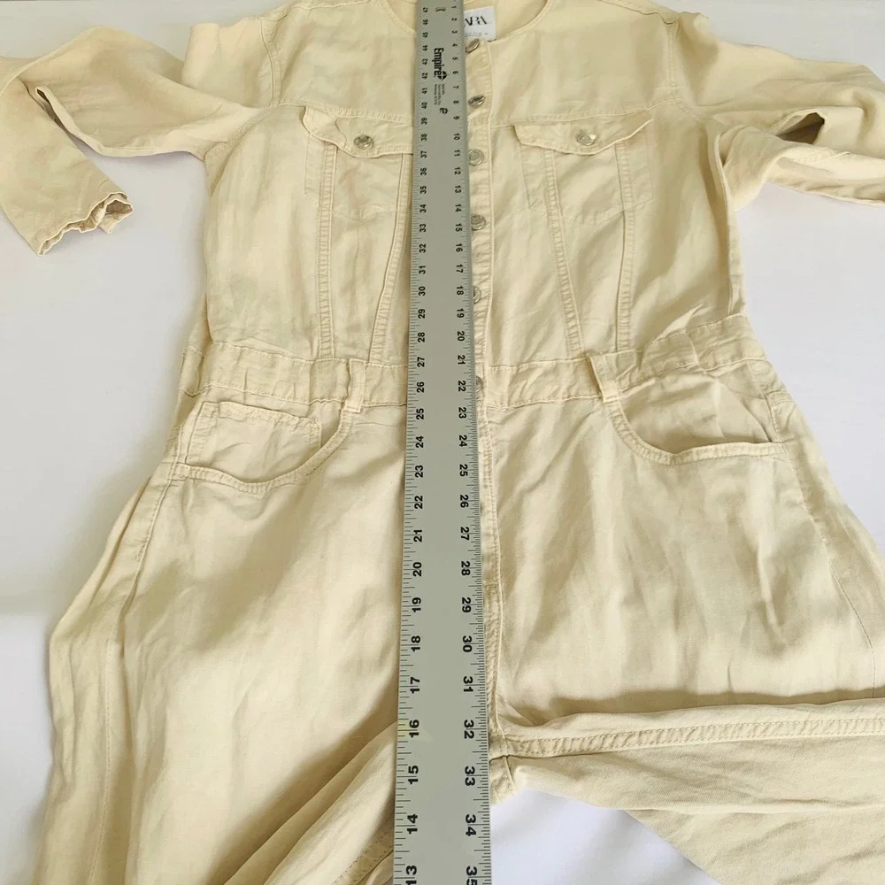 Zara Jumpsuit Women XL Beige Linen Blend Boiler Suit Utility Safari‎ Vacation